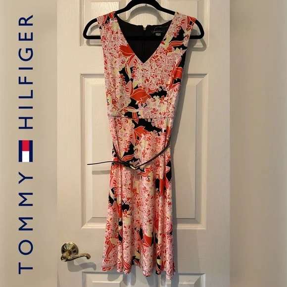 Tommy Hilfiger Dresses | Tommy Hilfiger Belted Floral Print Sleeveless Flare Dress | Color: Black/Orange | Size: 6 | Junexx's Closet